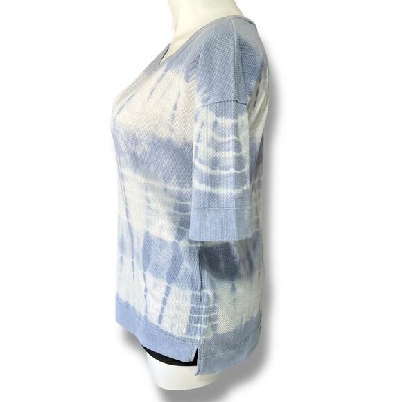 Easel Womens Waffle Knit Sweater Shirt Top Short Sleeve Tie Dye Blue White Large - Picture 5 of 11